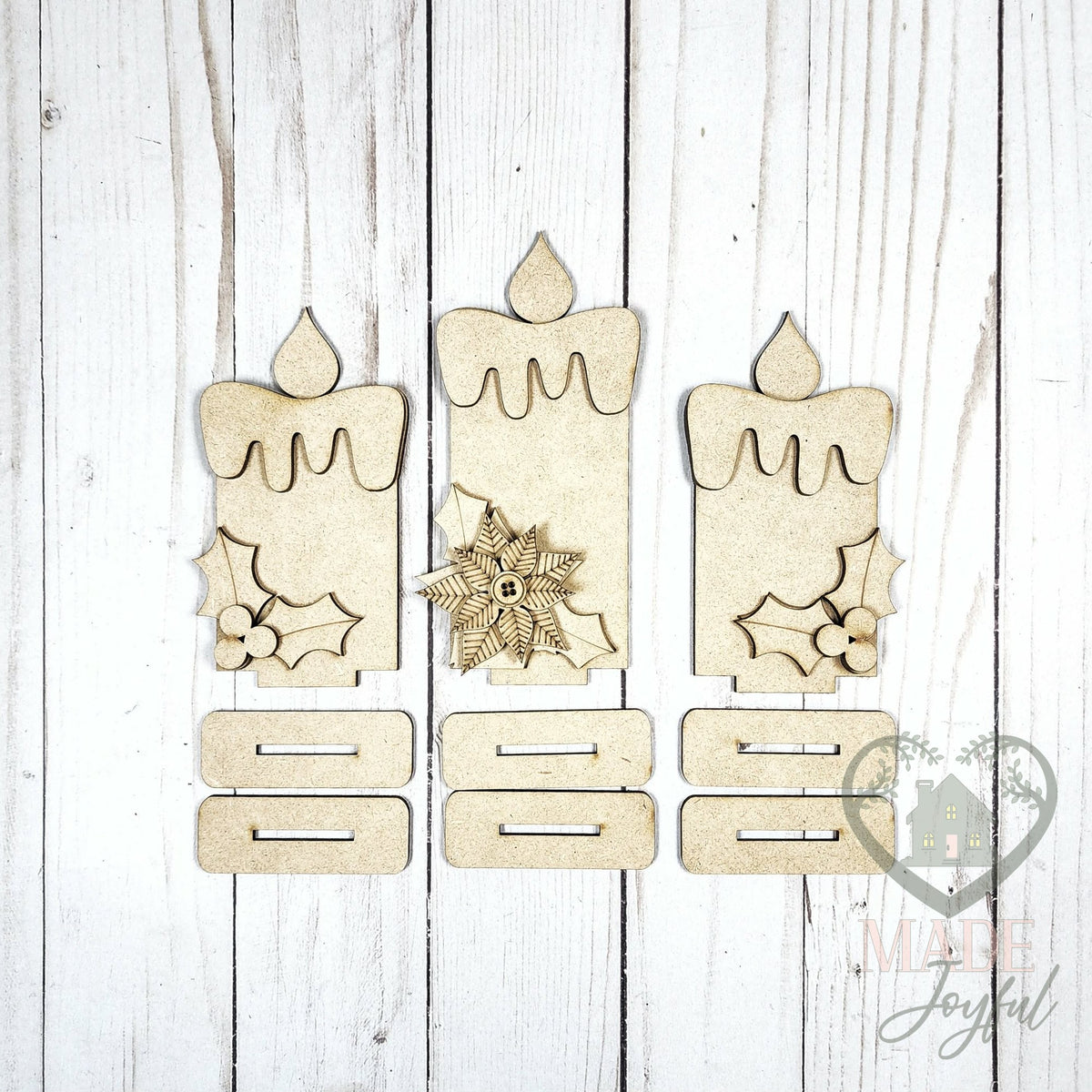 Unfinished laser-cut wood Retro Christmas Candle Shelf Sitter Trio DIY kit, ready to paint at a DIY party in Williamson County, TN.