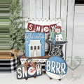 Hello Winter snowman tiered tray set with house sign, snowman, BRRR round, and SNOW banner, hand-painted in Brentwood, TN.