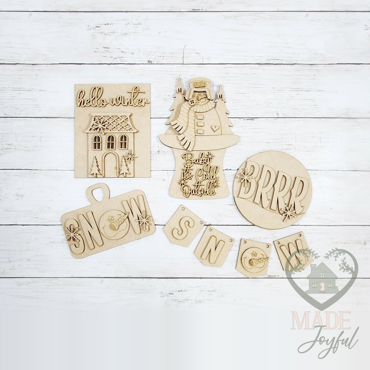 Unfinished laser-cut wood Hello Winter Snowman Tiered Tray Decor Set DIY kit, ready to paint at a DIY party in Williamson County, TN.