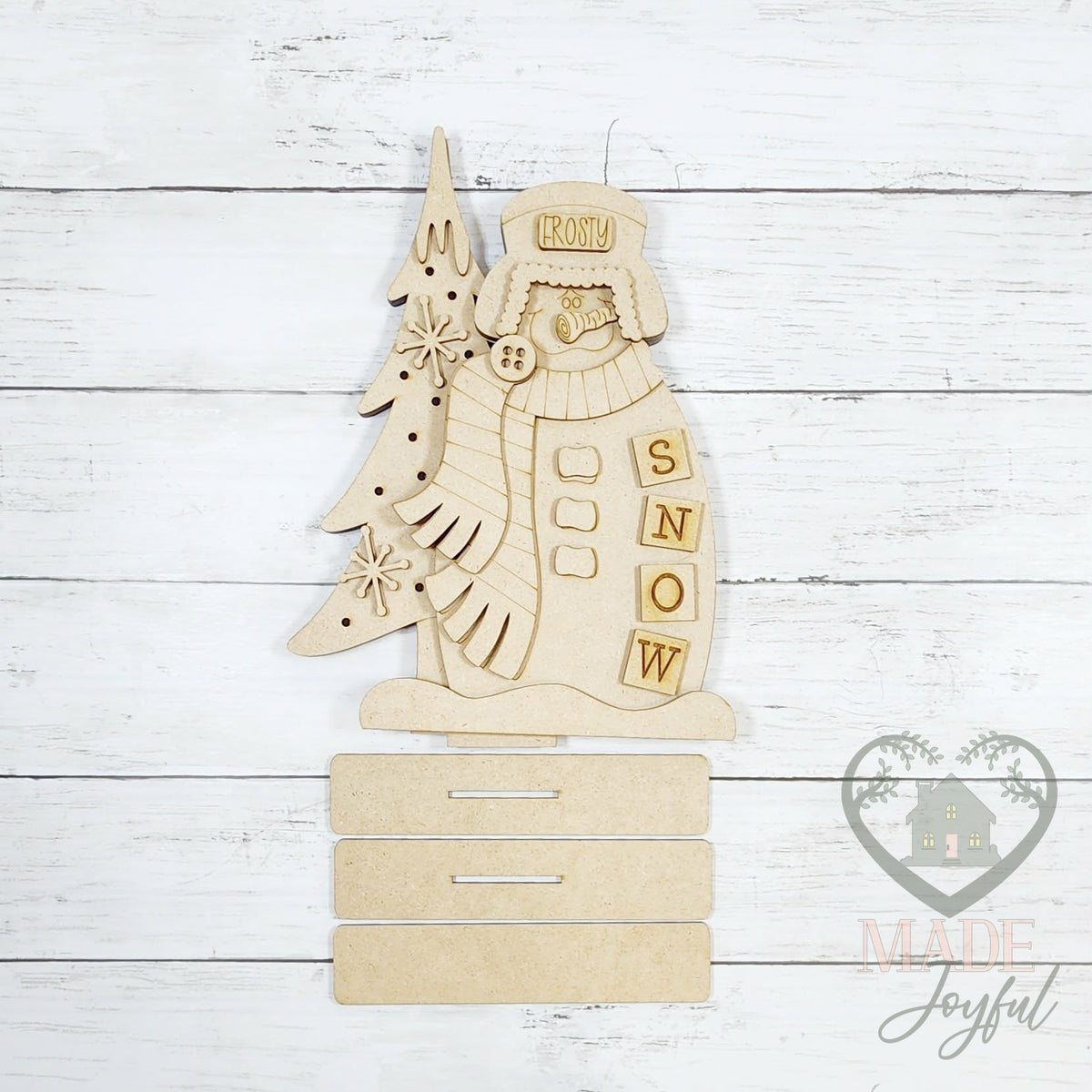 Unfinished laser-cut wood Winter Snowman Light Up Shelf Sitter DIY kit, ready to paint at a DIY party in Williamson County, TN.