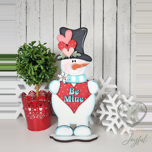 Be Mine snowman shelf sitter with heart top hat and red heart, hand-painted in Brentwood, TN.