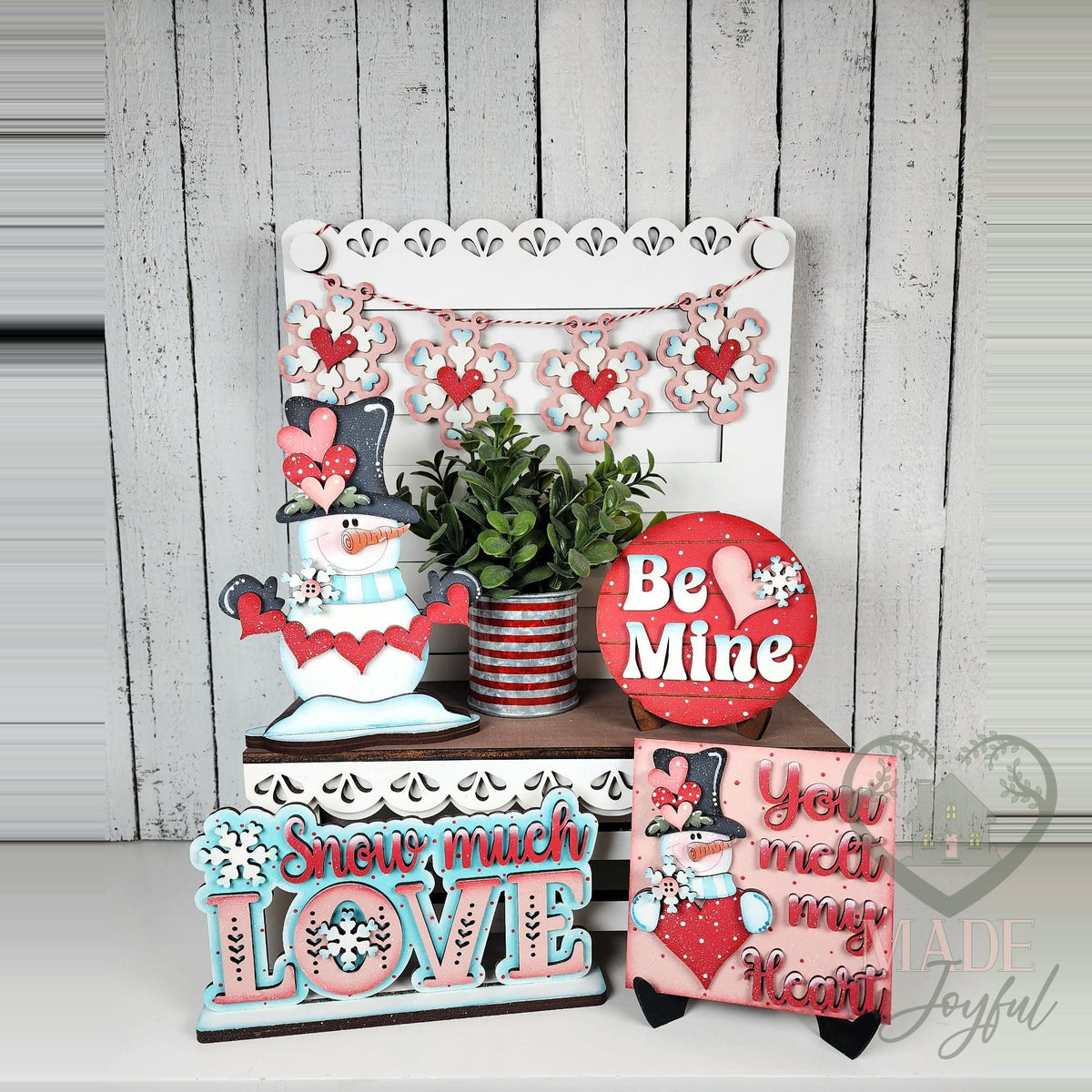 Snowman Valentine tiered tray set with Be Mine round, Snow Much Love, and You Melt My Heart, hand-painted in Brentwood, TN.