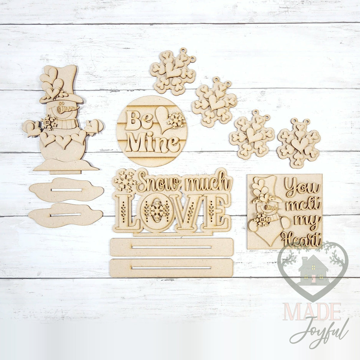 Unfinished laser-cut wood Snowman Valentine Tiered Tray Decor Set DIY kit, ready to paint at a DIY party in Williamson County, TN.