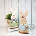 Bunny couple shelf sitters, boy in green overalls and girl in blue dress, hand-painted in Brentwood, TN.