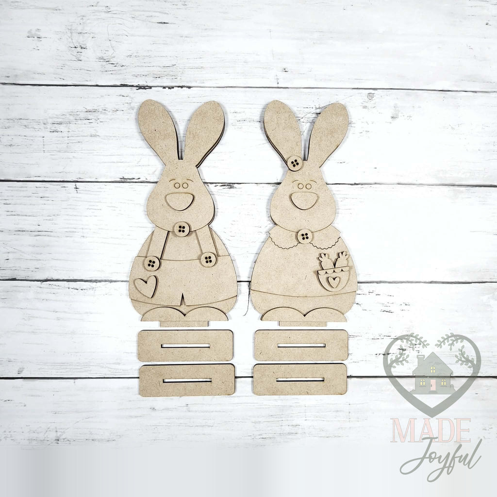 Unfinished laser-cut wood Bunny Couple Shelf Sitters DIY kit, ready to paint at a DIY party in Williamson County, TN.