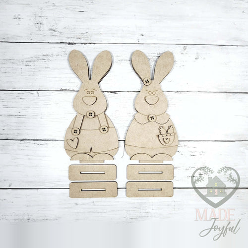 Unfinished laser-cut wood Bunny Couple Shelf Sitters DIY kit, ready to paint at a DIY party in Williamson County, TN.