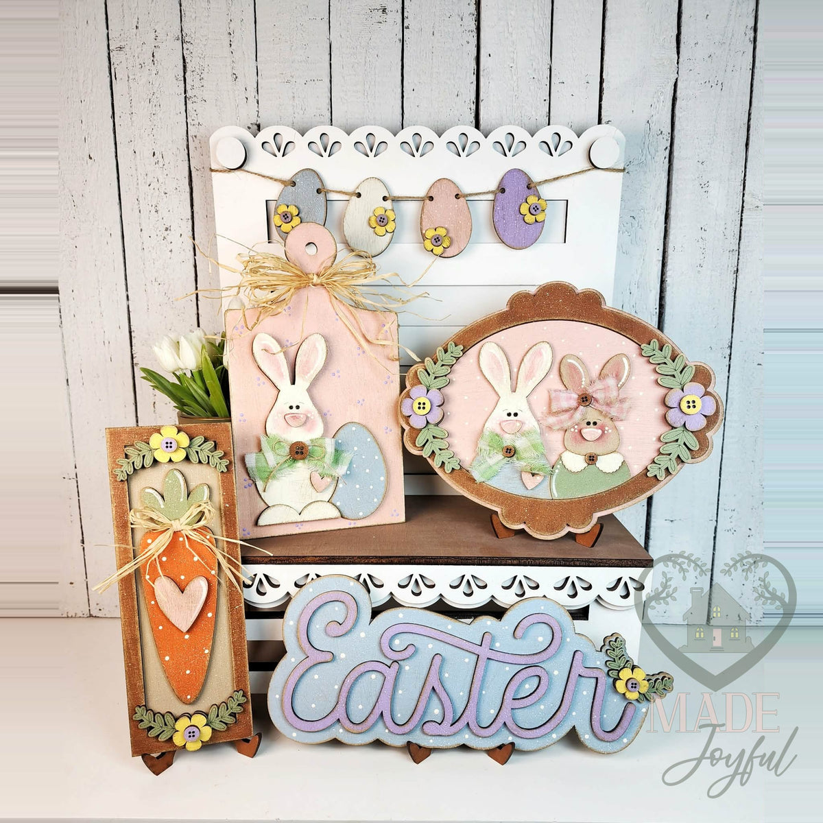Easter tiered tray set with Easter word art, framed bunny oval, bunny board, and carrot sign, hand-painted in Brentwood, TN.