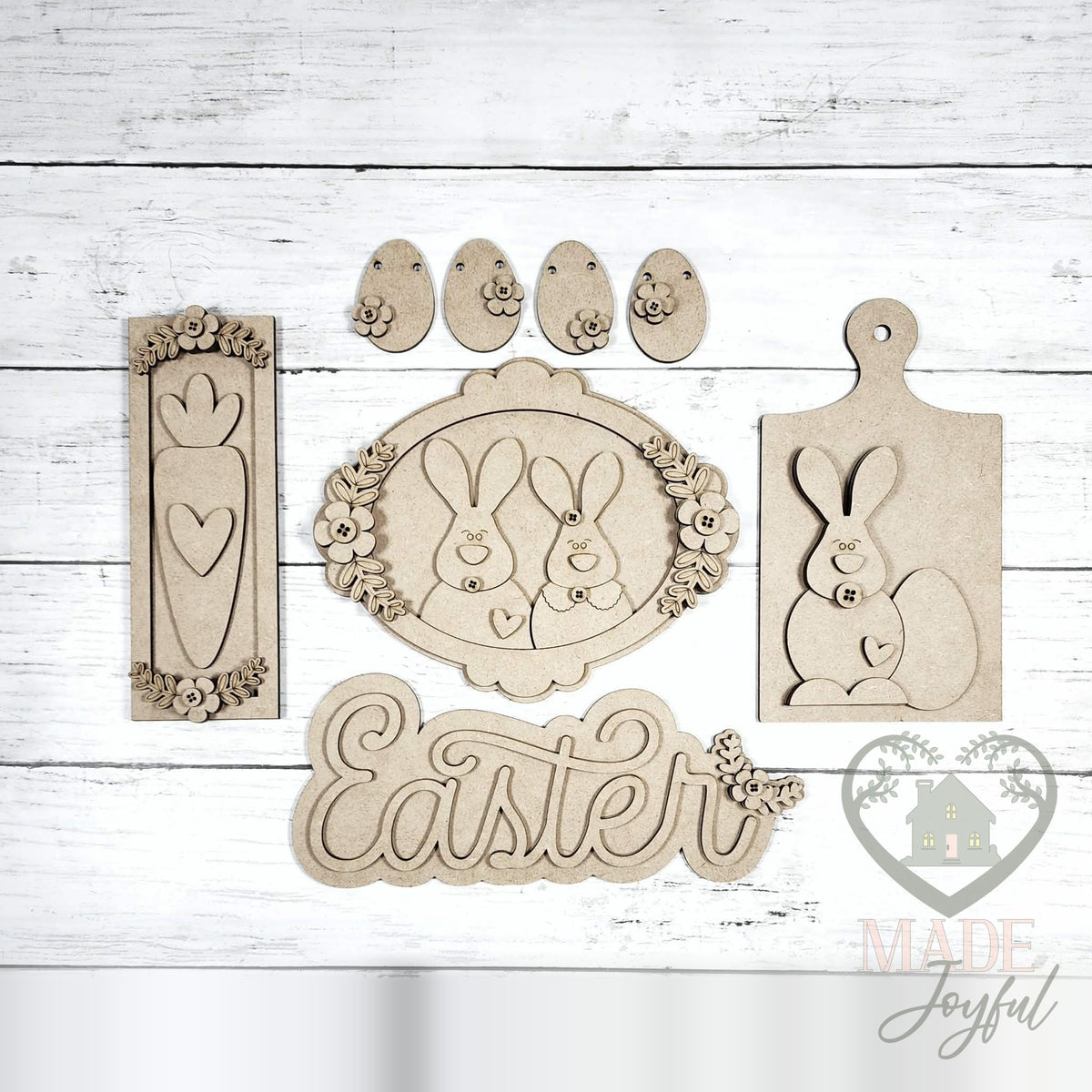 Unfinished laser-cut wood Easter Bunny Tiered Tray Decor Set DIY kit, ready to paint at a DIY party in Williamson County, TN.