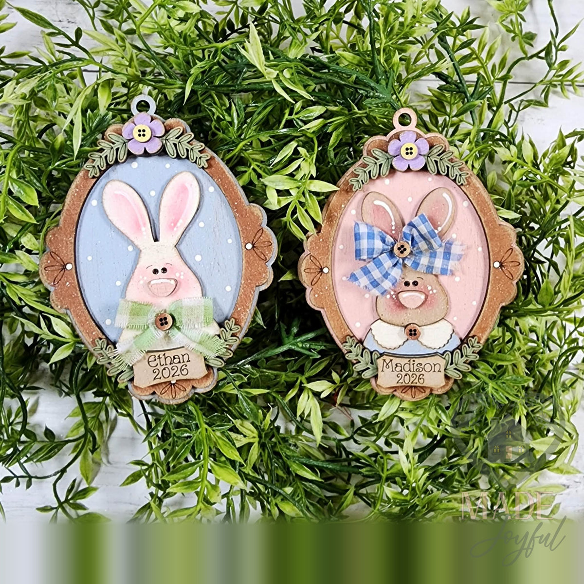 Personalized framed Easter basket tags with blue and pink bunnies, hand-painted in Brentwood, TN.