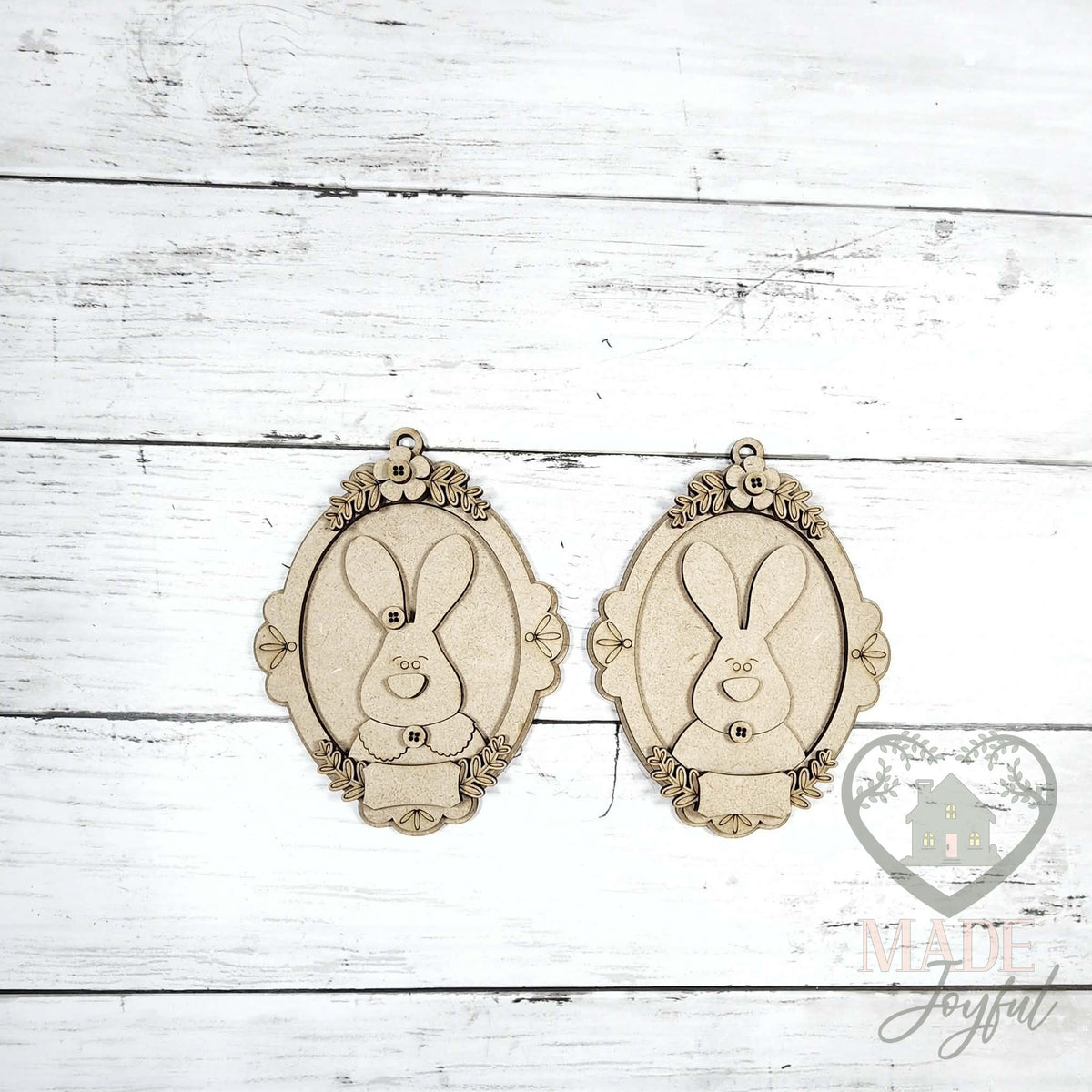 Unfinished laser-cut wood Personalized Framed Easter Basket Tag DIY kit, ready to paint at a DIY party in Williamson County, TN.