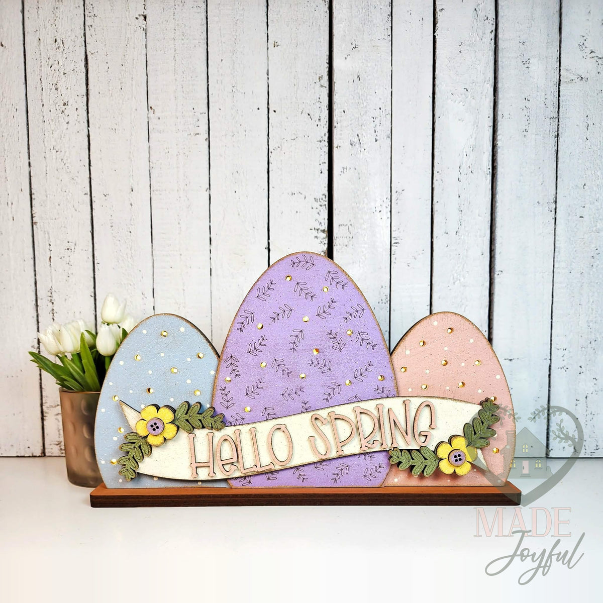 Hello Spring light up egg shelf sitter in blue, purple, and pink, hand-painted in Brentwood, TN.