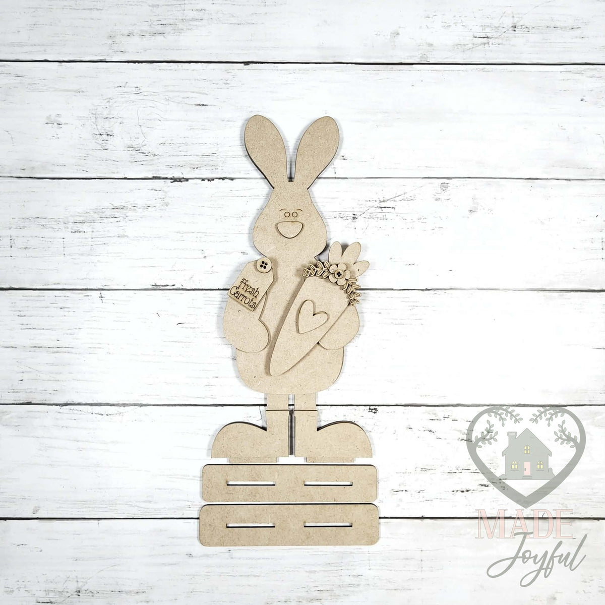 Unfinished laser-cut wood Standing Carrot Bunny Shelf Sitter DIY kit, ready to paint at a DIY party in Williamson County, TN.