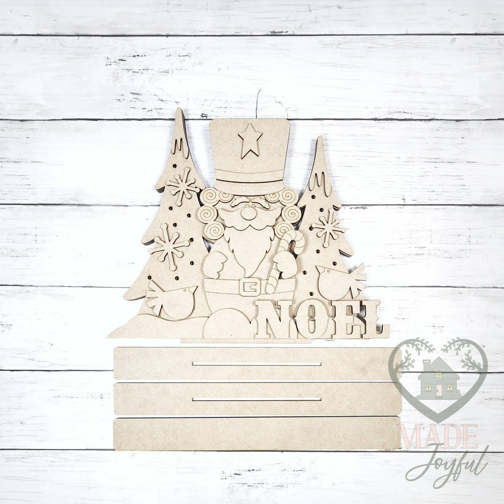 Unfinished laser-cut wood Noel Nutcracker Light Up Shelf Sitter DIY kit, ready to paint at a DIY party in Williamson County, TN.
