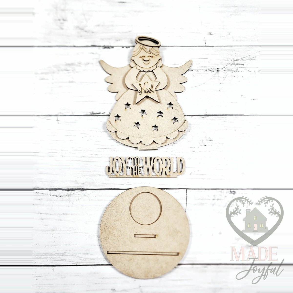 Unfinished laser-cut wood Joy to the World Angel Votive DIY kit, ready to paint at a DIY party in Williamson County, TN.