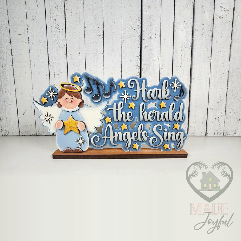 Hark the Herald Angels Sing word art with angel and stars, hand-painted in Brentwood, TN.