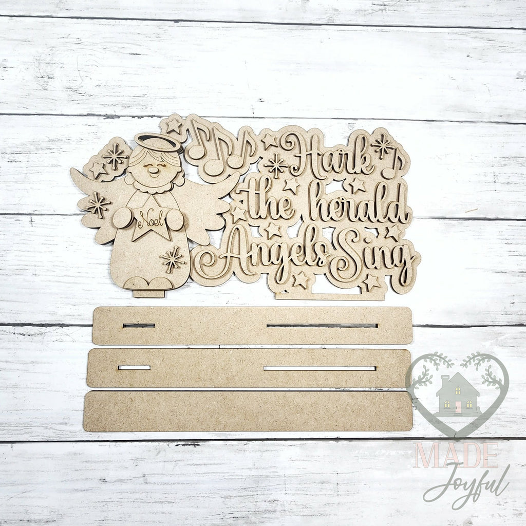 Unfinished laser-cut wood Hark the Herald Angels Sing Word Art DIY kit, ready to paint at a DIY party in Williamson County, TN.