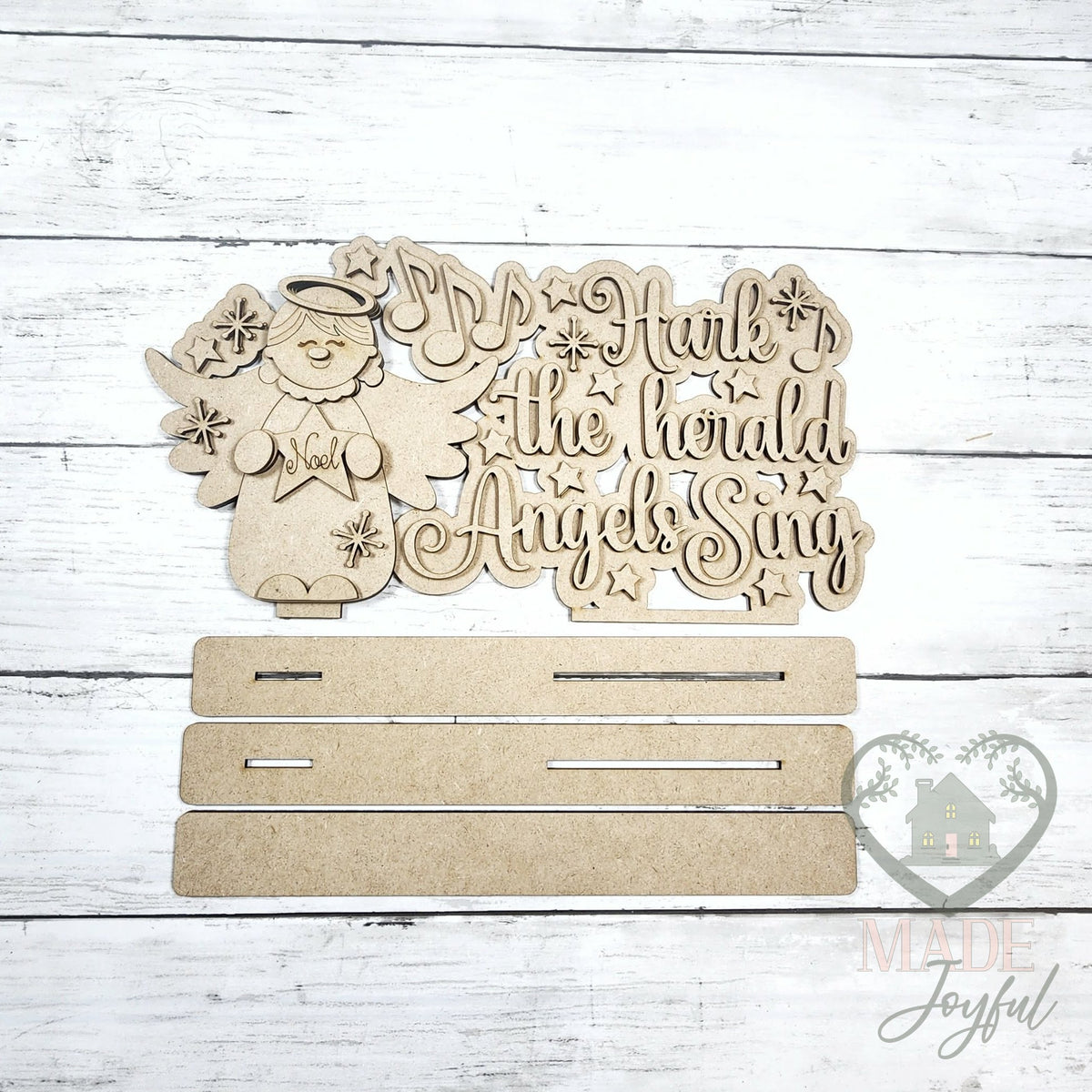 Unfinished laser-cut wood Hark the Herald Angels Sing Word Art DIY kit, ready to paint at a DIY party in Williamson County, TN.