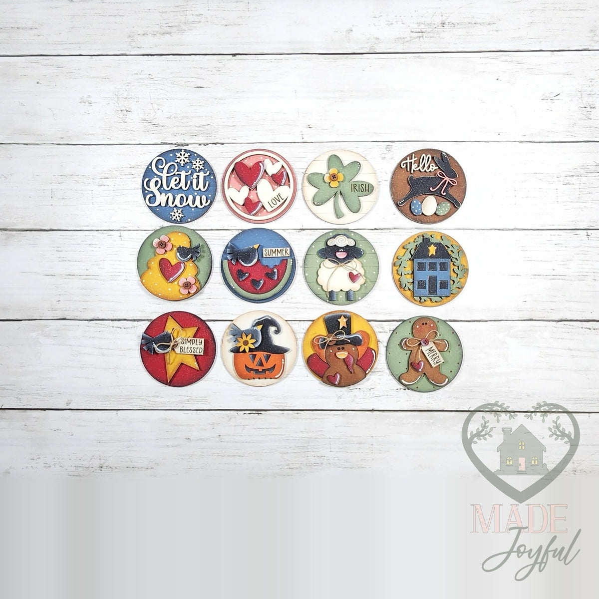 Twelve heirloom folk art 3 inch rounds for every season, hand-painted in Brentwood, TN.
