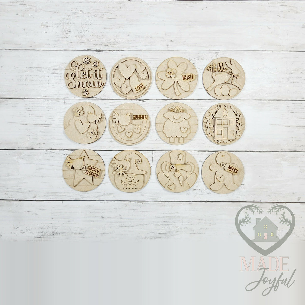 Unfinished laser-cut wood Heirloom Folk Art 3" Interchangeable Rounds DIY kit, ready to paint at a DIY party in Williamson County, TN.