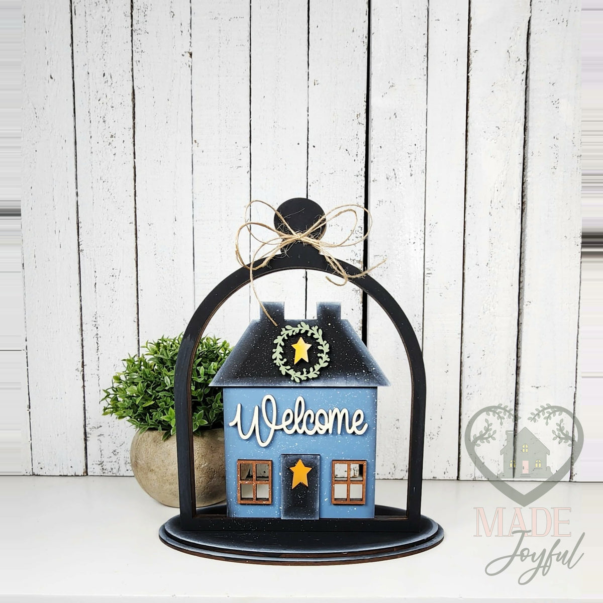 Saltbox house cloche votive in blue with Welcome sign, hand-painted in Brentwood, TN.