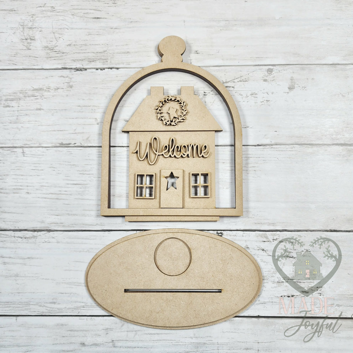 Unfinished laser-cut wood Saltbox House Cloche Votive Holder DIY kit, ready to paint at a DIY party in Williamson County, TN.