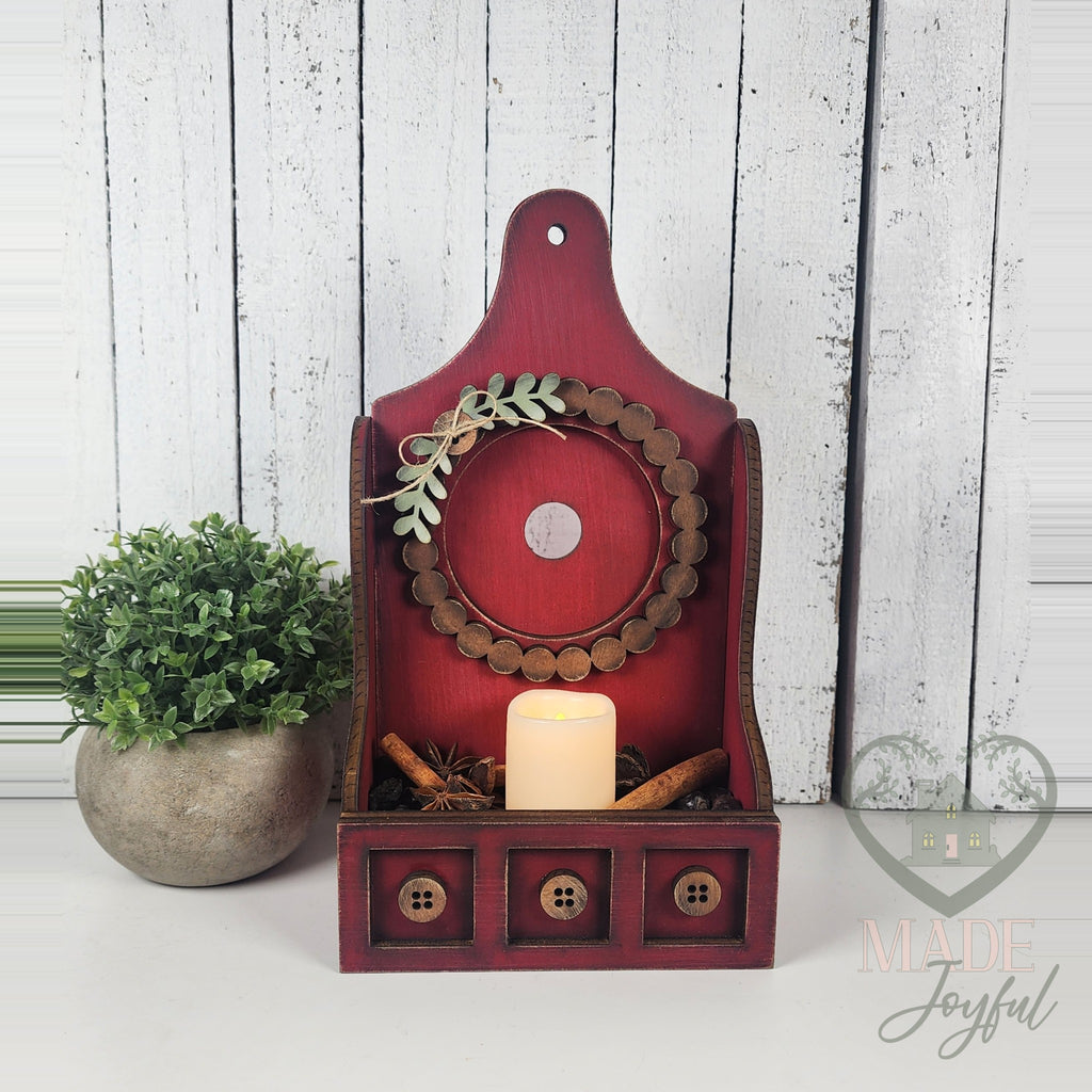 Red Shaker tealight box with wreath and LED candle, hand-painted in Brentwood, TN.