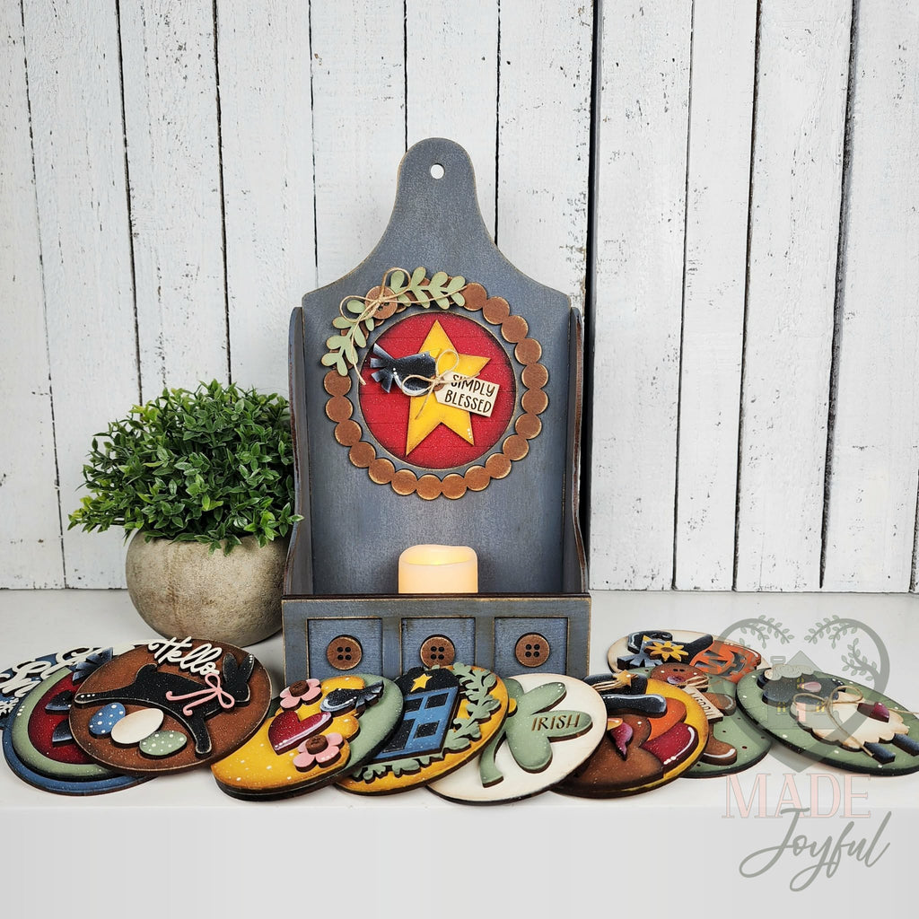 Shaker tealight box with star round and folk art rounds, hand-painted in Brentwood, TN.