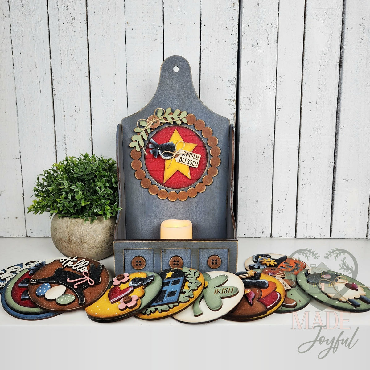 Shaker tealight box with star round and folk art rounds, hand-painted in Brentwood, TN.