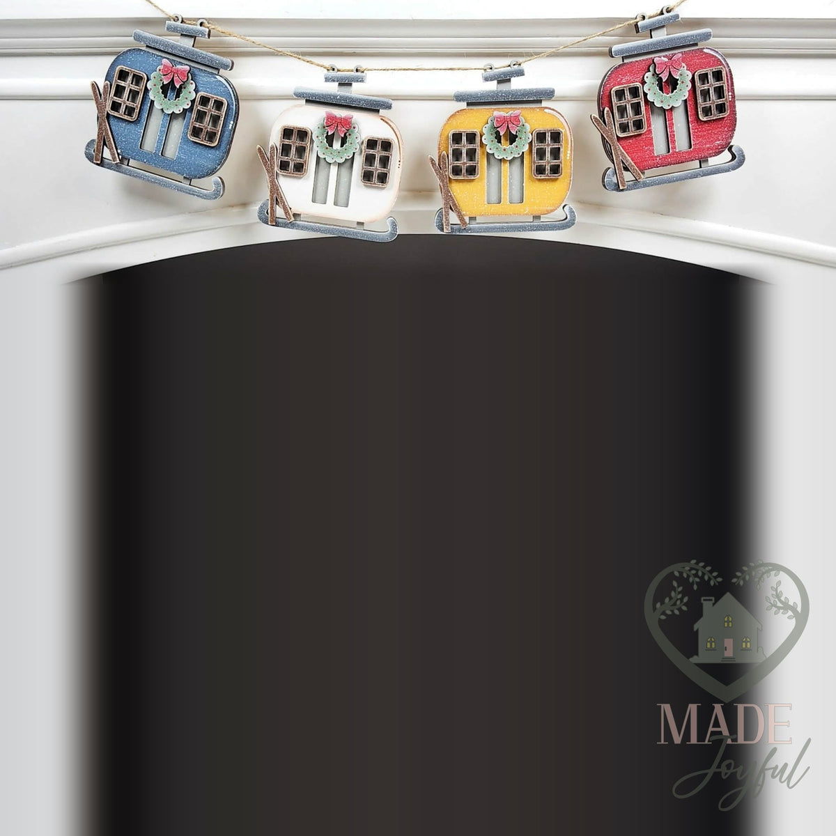 Ski gondola banner with blue, white, yellow, and red gondolas, hand-painted in Brentwood, TN.