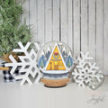 Ski lodge snow globe shelf sitter with yellow A-frame lodge, hand-painted in Brentwood, TN.