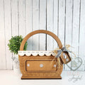 Interchangeable basket shelf sitter painted brown with scalloped trim, hand-painted in Brentwood, TN.