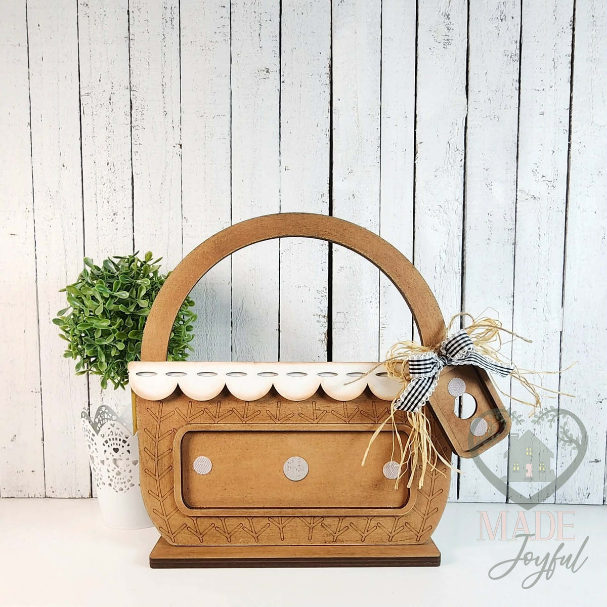 Interchangeable basket shelf sitter painted brown with scalloped trim, hand-painted in Brentwood, TN.