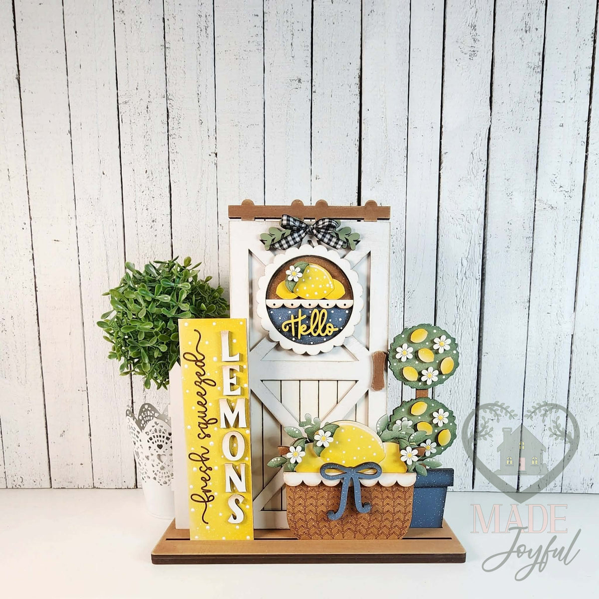 Lemon mini porch barn door set with white door, lemon topiary, and basket, hand-painted in Brentwood, TN.
