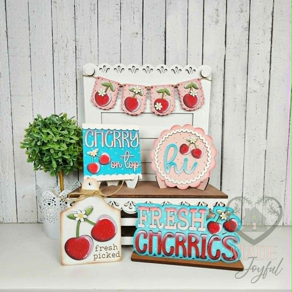 Cherry tiered tray set with Cherry On Top, hi round, and Fresh Cherries sign, hand-painted in Brentwood, TN.