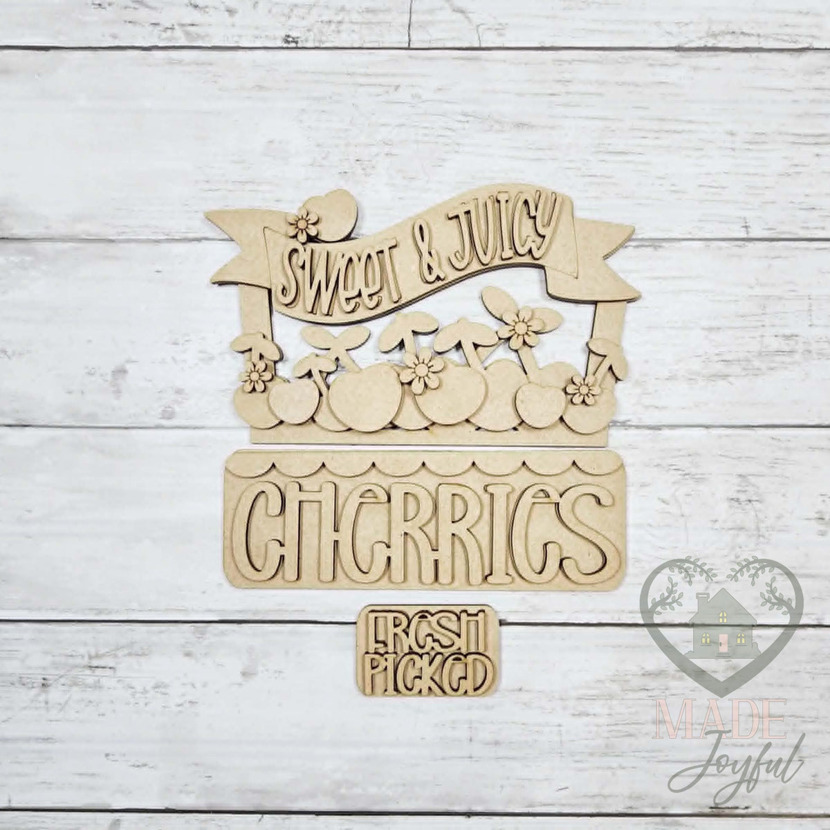 Unfinished laser-cut wood Sweet & Juicy Cherries Truck & Basket Insert DIY kit, ready to paint at a DIY party in Williamson County, TN.