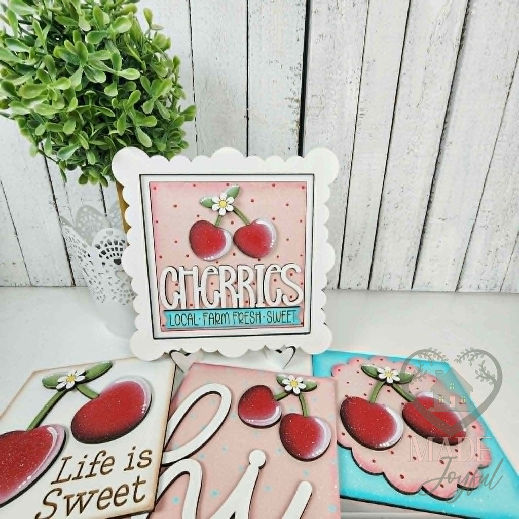 Cherry 4.25 inch signs with CHERRIES sign in a scallop ruffle frame, hand-painted in Brentwood, TN.