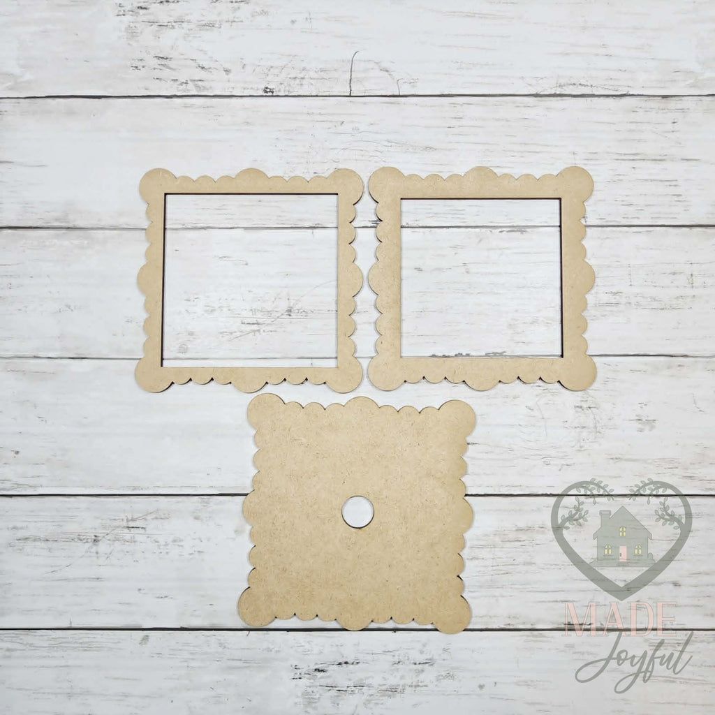 Unfinished laser-cut wood Cherry 4.25" Sign Set with Scallop Ruffle Frame DIY kit (frame pieces), ready to paint at a DIY party in Williamson County, TN.