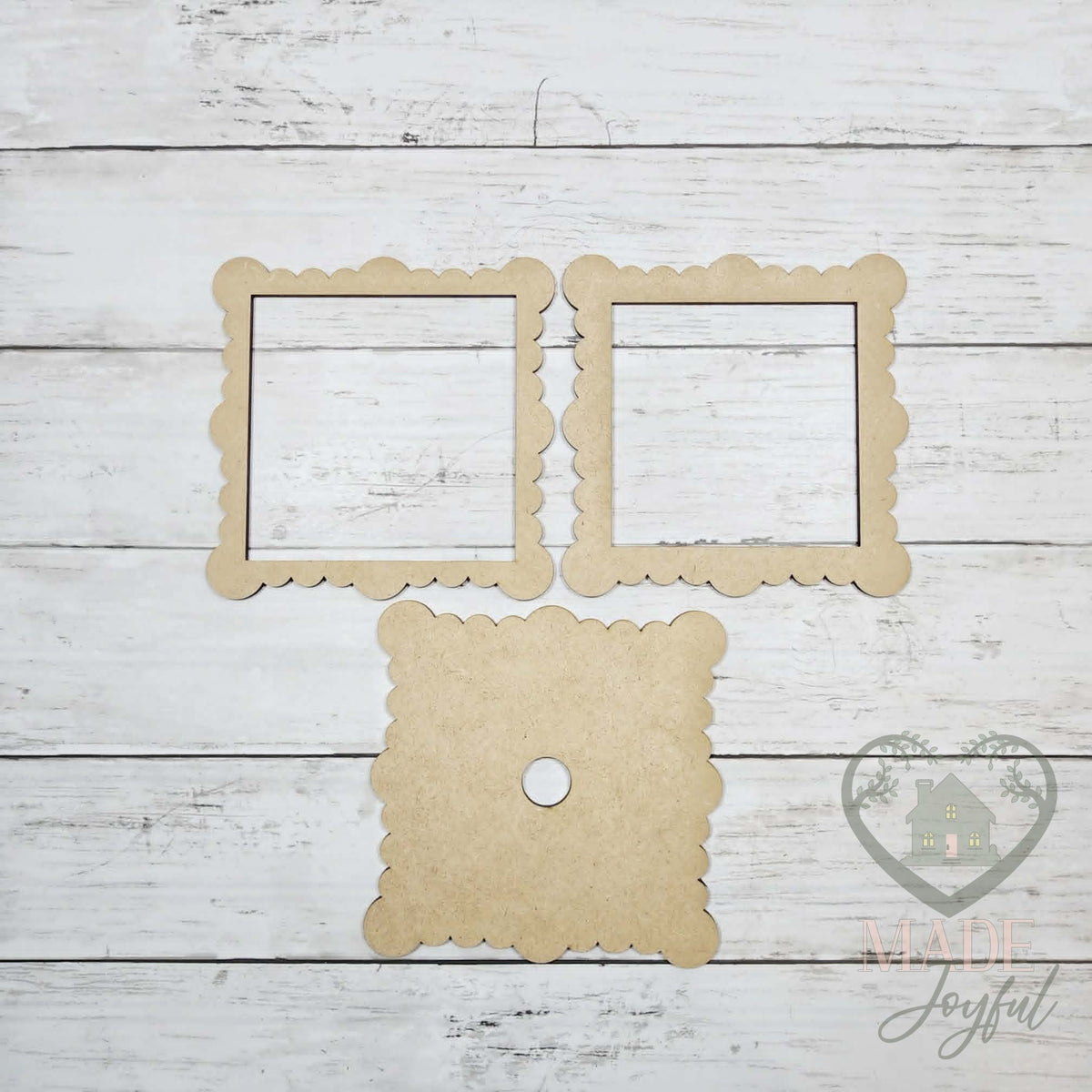 Unfinished laser-cut wood Cherry 4.25" Sign Set with Scallop Ruffle Frame DIY kit (frame pieces), ready to paint at a DIY party in Williamson County, TN.