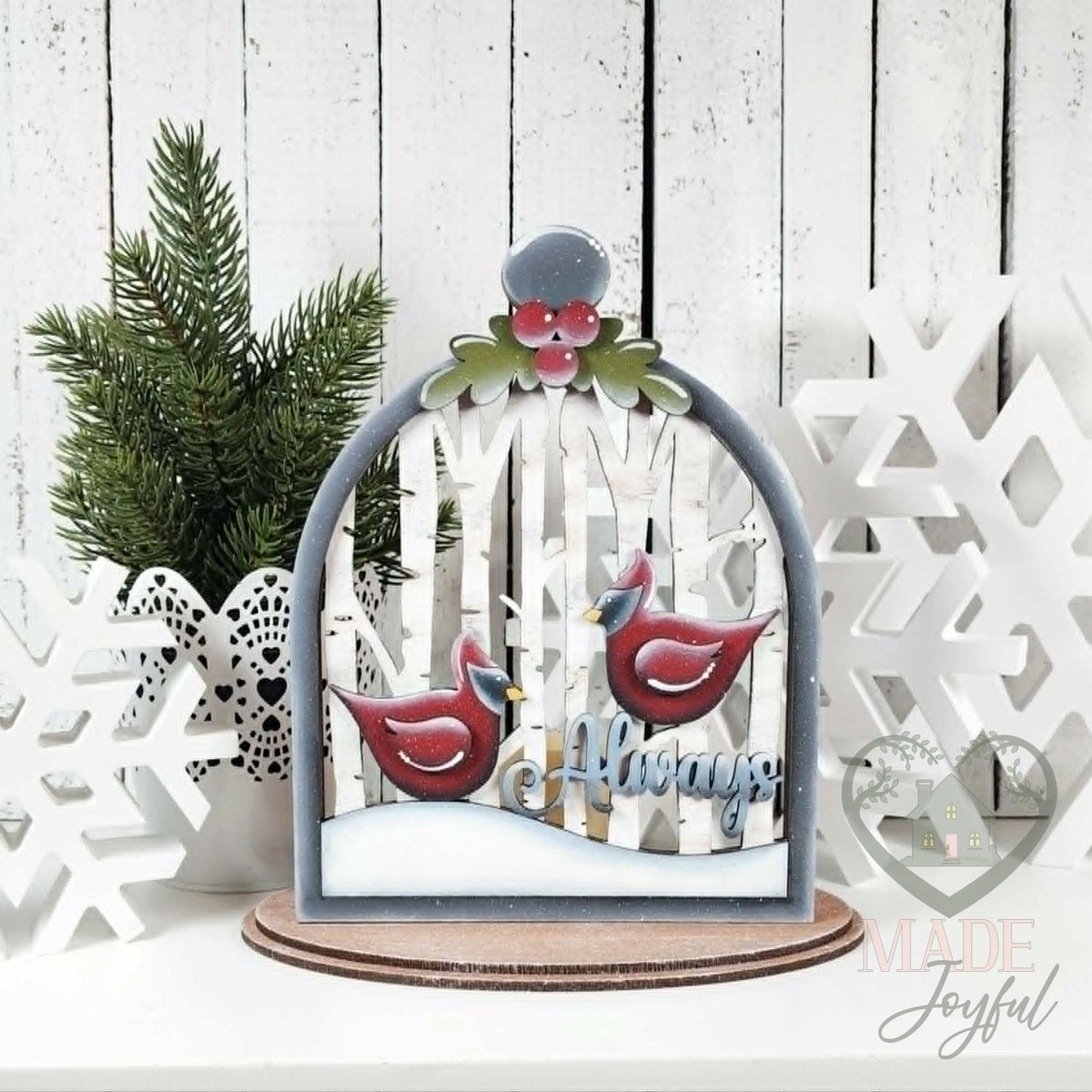 Cardinal cloche votive with two cardinals, birch trees, and Always, hand-painted in Brentwood, TN.