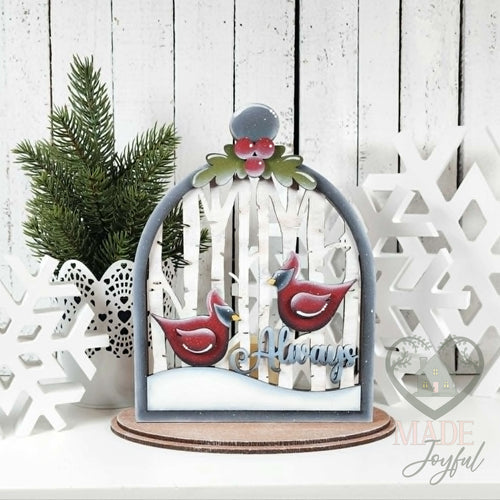 Cardinal cloche votive with two cardinals, birch trees, and Always, hand-painted in Brentwood, TN.