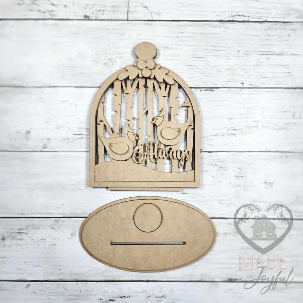Unfinished laser-cut wood Cardinal Cloche Votive Holder DIY kit, ready to paint at a DIY party in Williamson County, TN.
