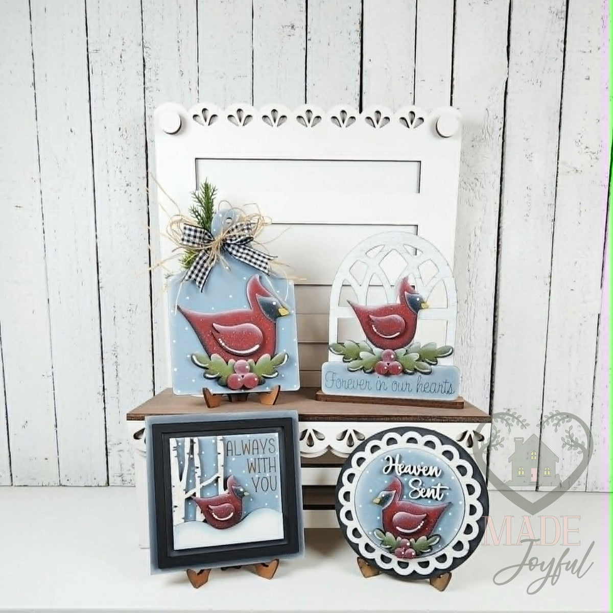Cardinal tiered tray set with Heaven Sent round, Always With You sign, and arched votive, hand-painted in Brentwood, TN.