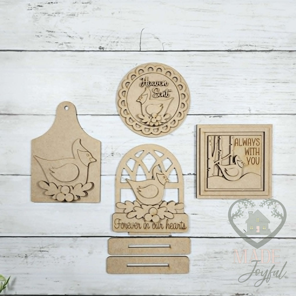 Unfinished laser-cut wood Cardinal Memorial Tiered Tray Decor Set DIY kit, ready to paint at a DIY party in Williamson County, TN.