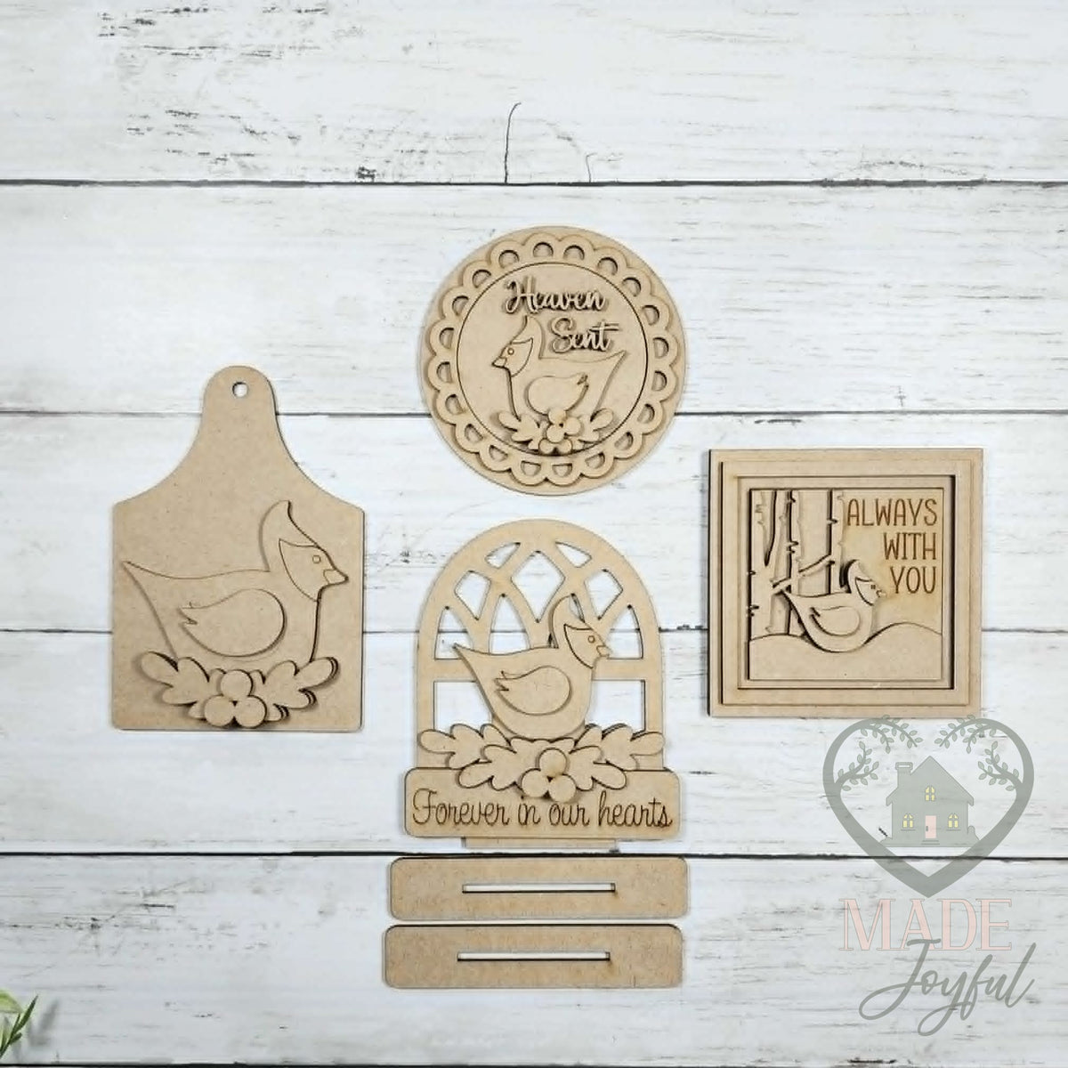 Unfinished laser-cut wood Cardinal Memorial Tiered Tray Decor Set DIY kit, ready to paint at a DIY party in Williamson County, TN.
