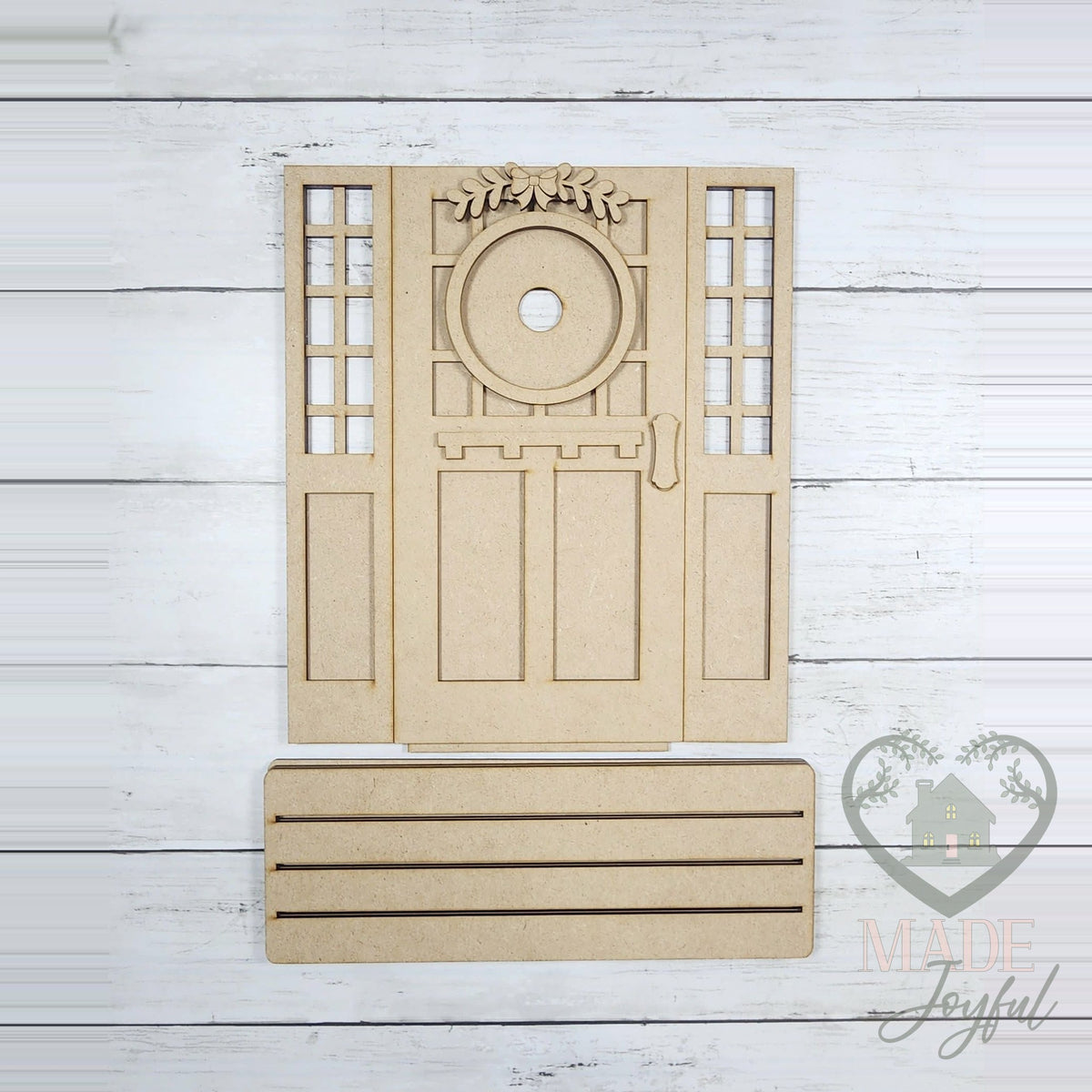 Unfinished laser-cut wood Craftsman Mini Porch Door DIY kit (with side windows pieces), ready to paint at a DIY party in Williamson County, TN.