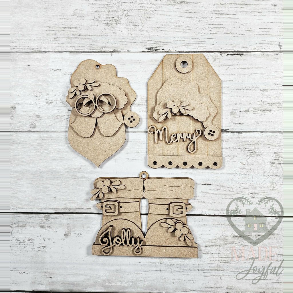 Unfinished laser-cut wood Jolly St. Nick Ornament Set DIY kit, ready to paint at a DIY party in Williamson County, TN.