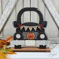 Black vintage truck with Hello Pumpkin insert, hand-painted in Brentwood, TN.