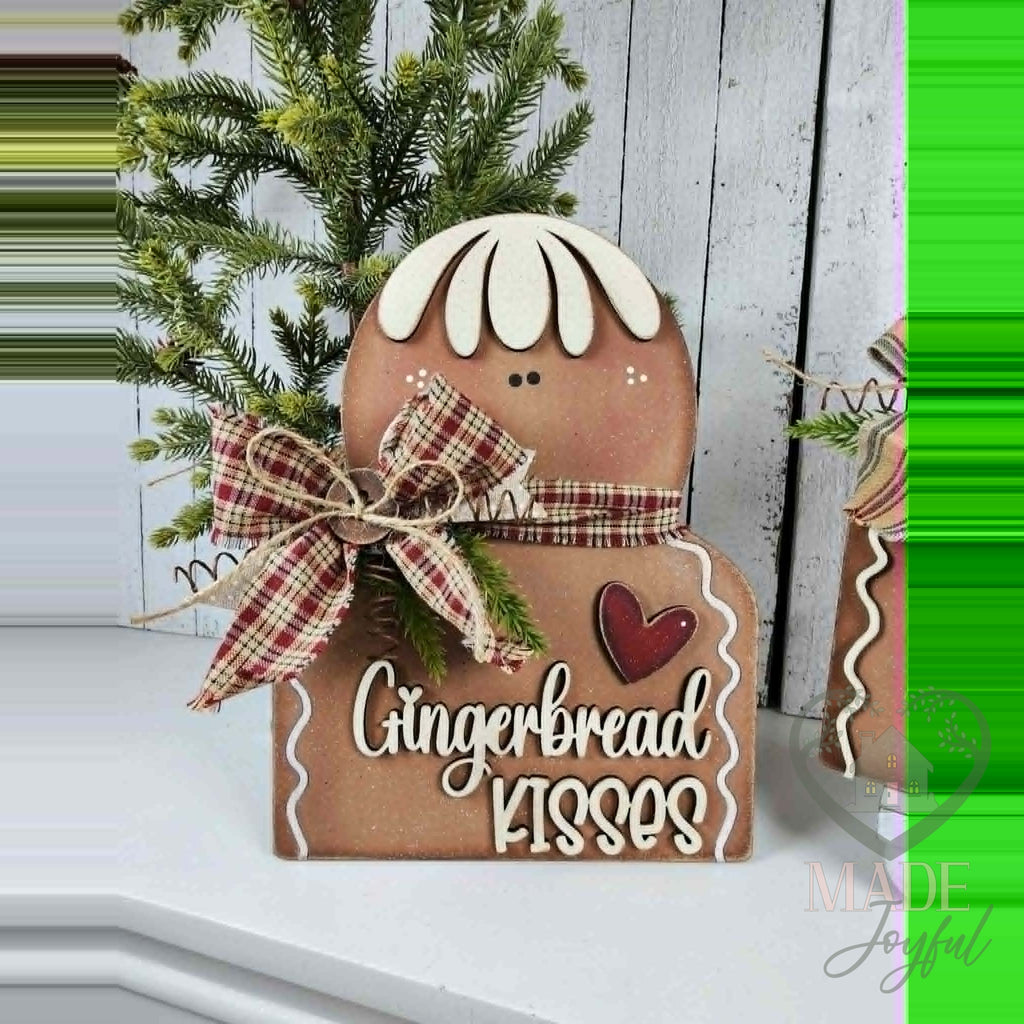 Gingerbread Kisses shelf sitter with plaid bow, hand-painted in Brentwood, TN.