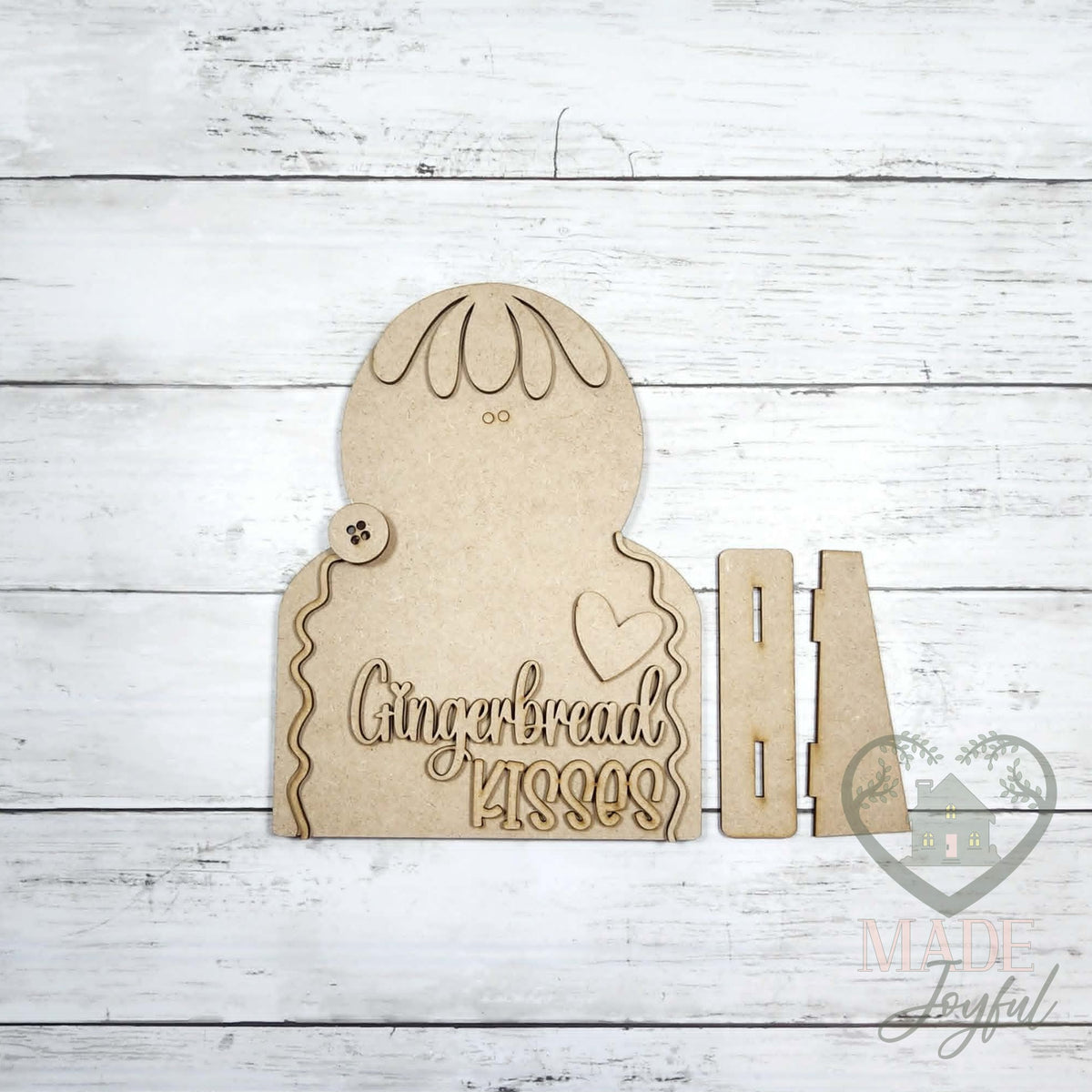 Unfinished laser-cut wood Gingerbread Kisses Shelf Sitter DIY kit, ready to paint at a DIY party in Williamson County, TN.