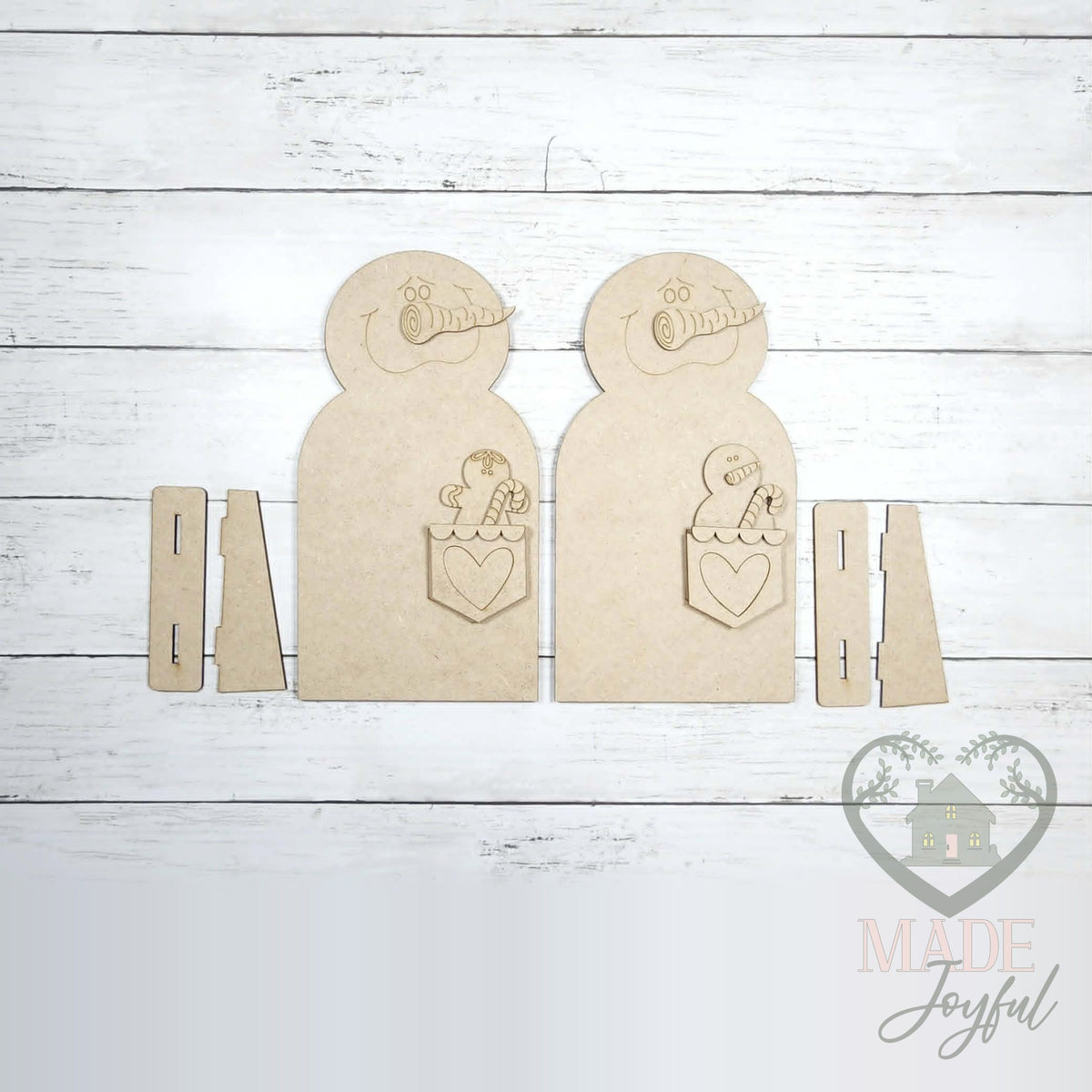 Unfinished laser-cut wood Pocket Snowmen Shelf Sitters DIY kit, ready to paint at a DIY party in Williamson County, TN.